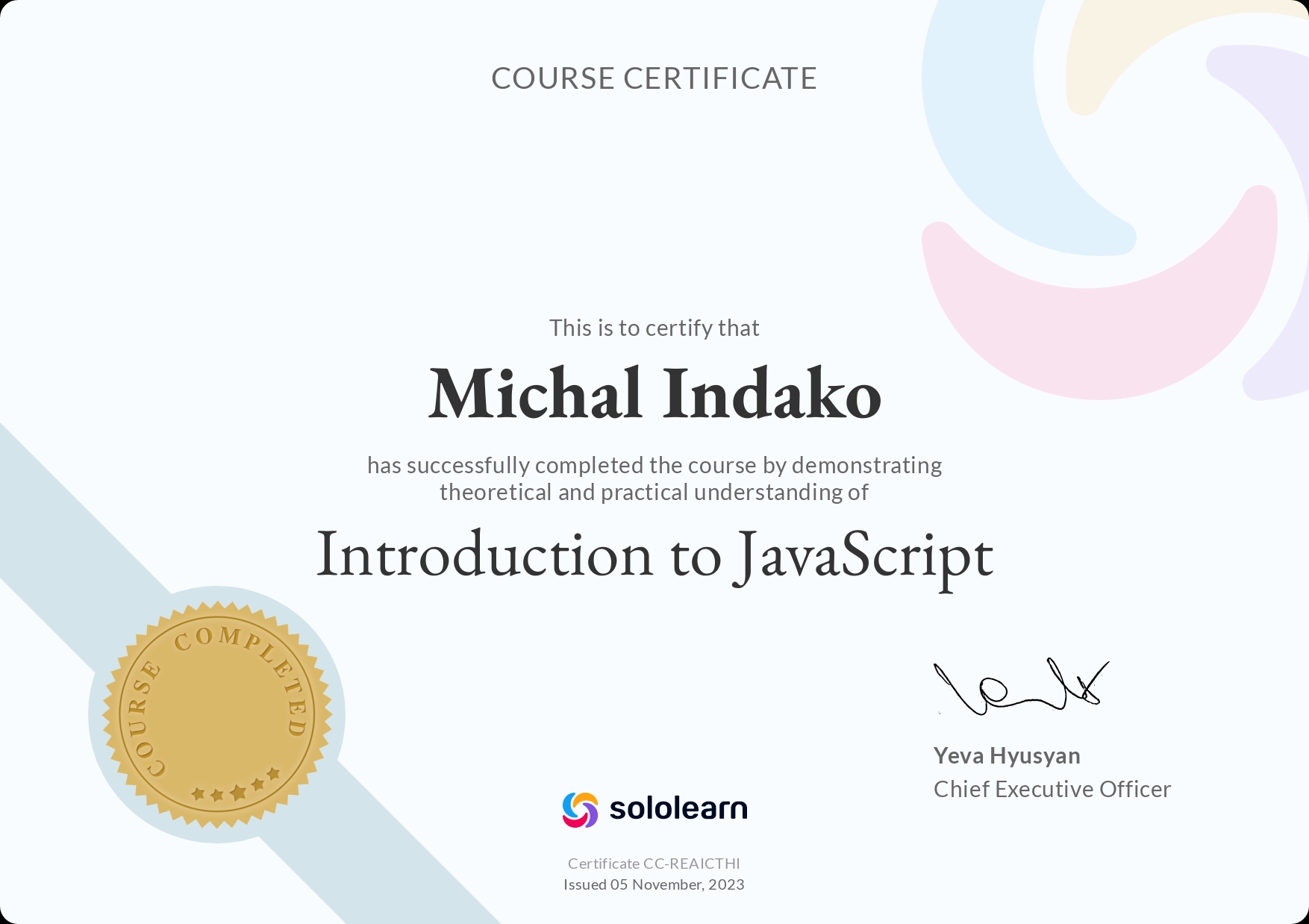 Introduction to JavaScript certificate