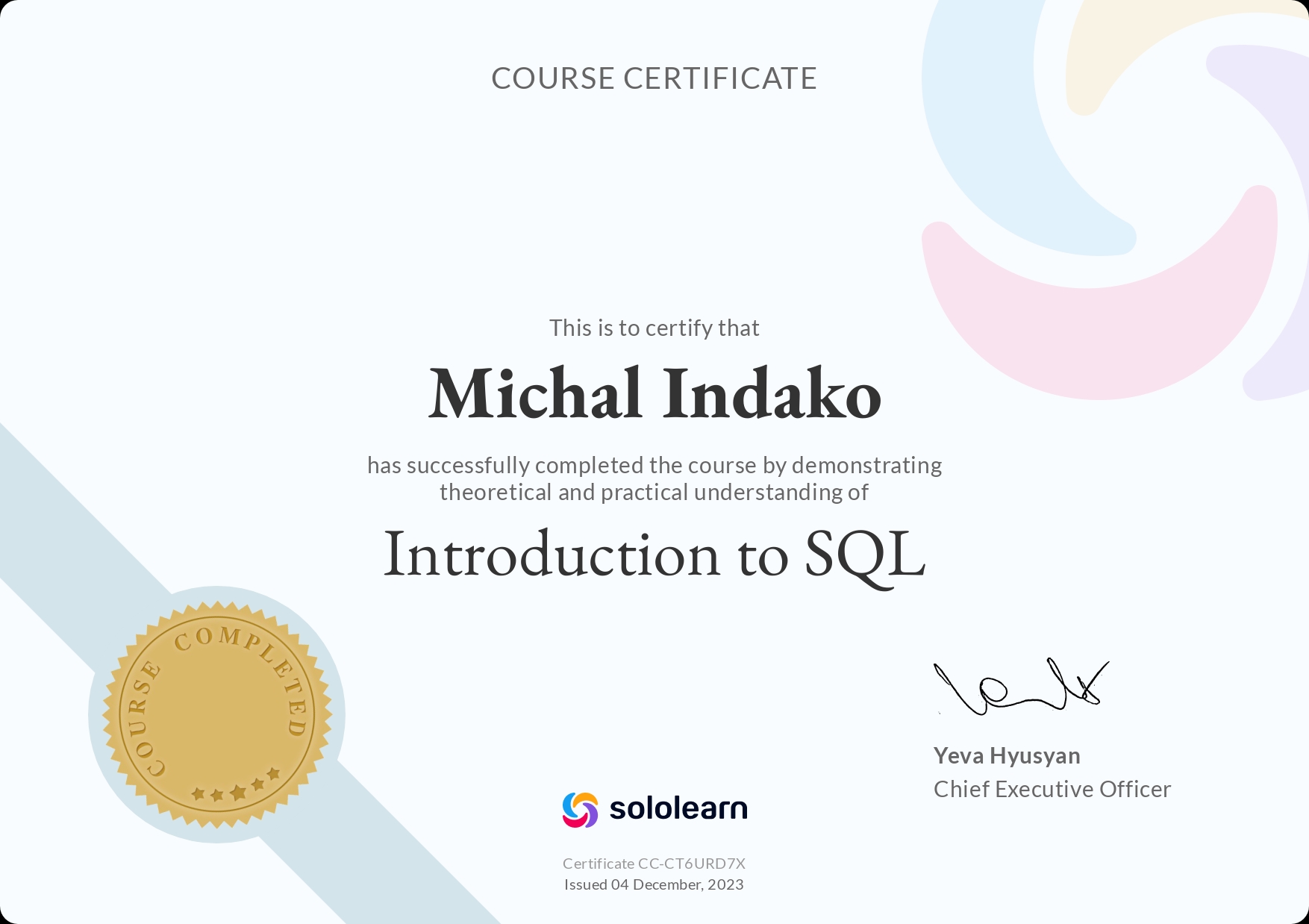 Introduction to SQL certificate