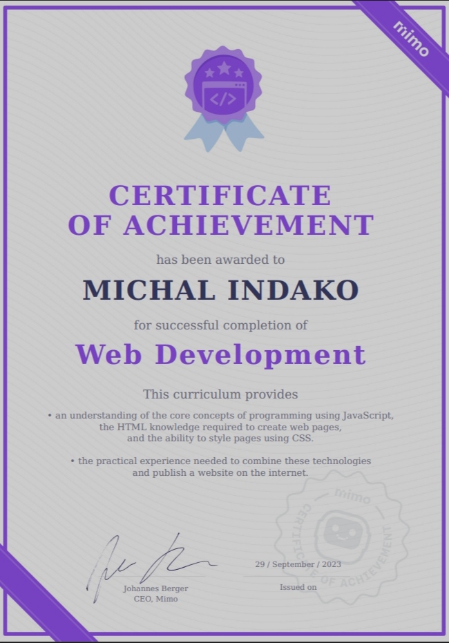 Mimo web development certificate